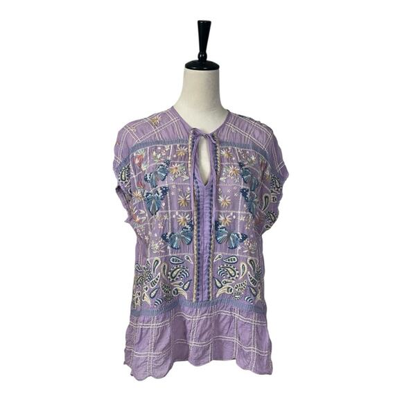 Johnny Was Top Tie Neck Butterly Floral Embroidered Purple Women’s Size Large - Picture 3 of 13